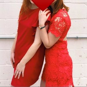 Short sleeved, backless red lace dress